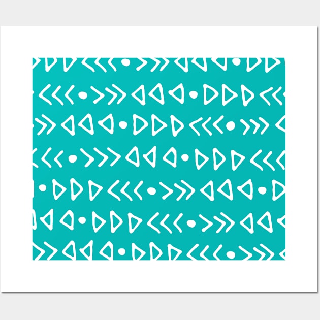 Teal Blue and White Hand Drawn Modern Triangles Pattern Wall Art by dreamingmind